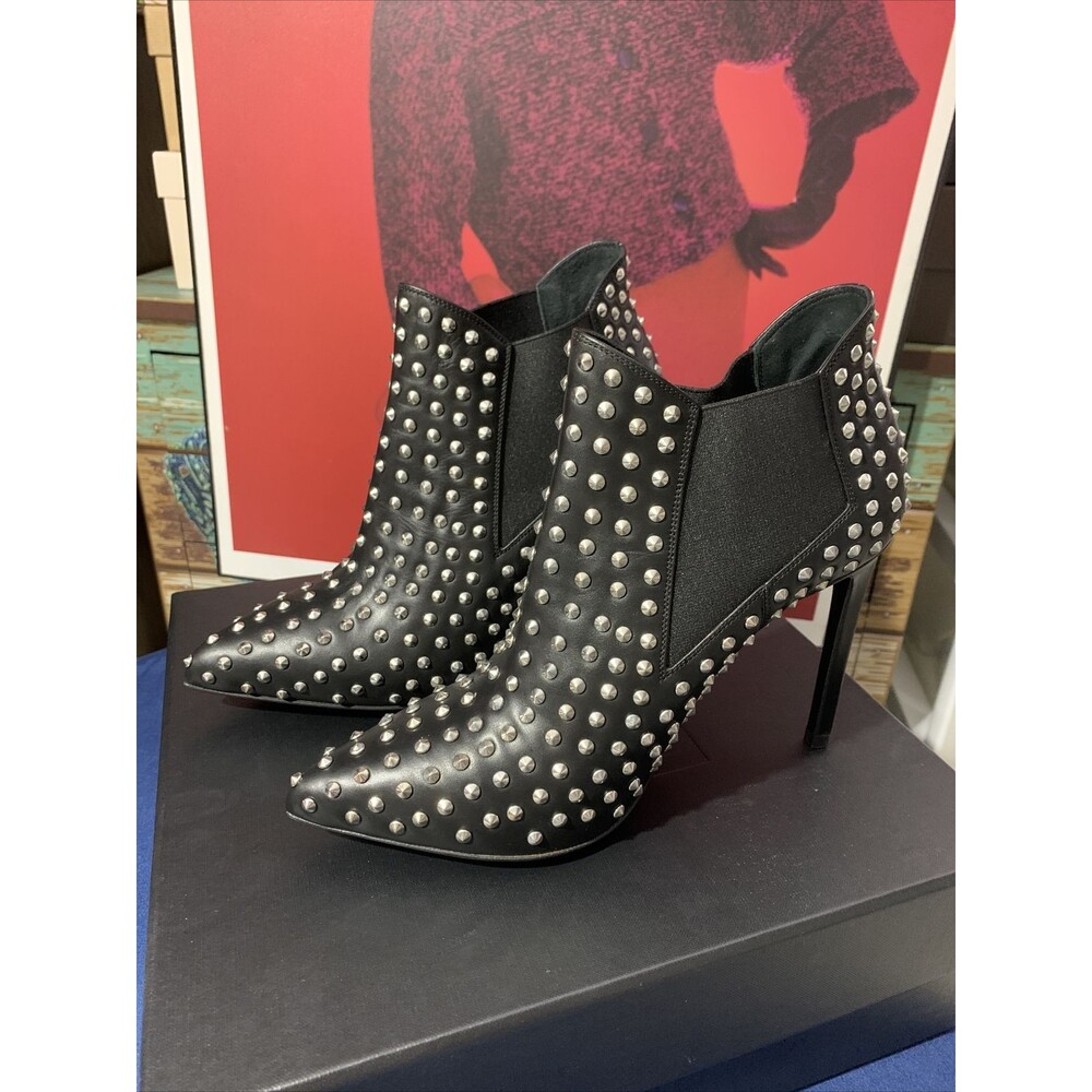 NIB Yves Saint Laurent Leather Studded Ankle Boots Black EU 38